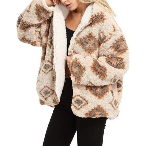 Reversible Aztec Tribal Print Sherpa Jacket Faux Fur Blanket Teddy Hoodie Jacket - Picture 2 of 6